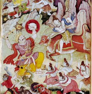Shiv elpusztítja a démont Andhakát, Harivamsa kézirat, Mogul, S1590 alkotó: Unknown