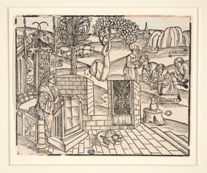 A pásztorok Chromis és Mnasyle megkötözik az alvó szilenust. 1502. Vergilius illusztrált kiadványából alkotó: Unknown