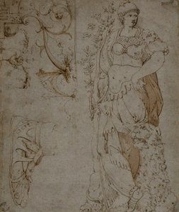 Három vázlat: Fortitude, egy szandál és groteszkek (recto); Vázlatok a groteszkekről és a római cuirassról (verso) alkotó: Unknown