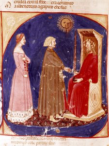 2. mennyország: Dante és Beatrice Justinianus római császárral néz szembe a Paradicsom 1. mennyországában. Megvilágított oldal, amely a Paradicsom dalát illusztrálja Dante Alighieri (1265-1321) „Divina Commedia” című művéből. 14. század, Velence, Bibliotec alkotó: Unknown artist