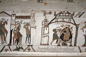 32: Az üstökös megjelenése; 33: Egy hírnök figyelmezteti II. Harold királyt (1022-1066) – Bayeux-i kárpit, Mathilde királynő hímzéseként ismert alkotó: Unknown artist