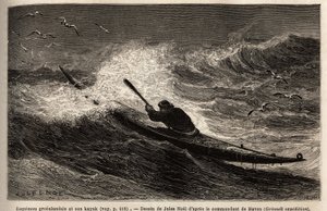 Egy grönlandi kajak, áthalad a hullámkorláton. Doctor Hayes, az Egyesült Államok haditengerészetének sebésze által 1860–1862-ben végzett metszet az Északi-sark szabadtengerére vezető utazás szemléltetésére, amelyet Ed szerkesztett: „Le tour du monde, nouve alkotó: Unknown artist