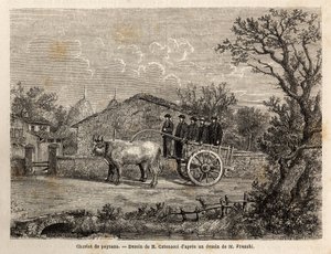Sziéni parasztok szekér, kétkerekű, boroshordók szállítására, pár kis fehér ökör húzza. Metszet egy 1865-ös sienai (Olaszország) utazás illusztrálására, a „Le tour du monde, nouveau Journal des voyages” című folyóiratban, amely a dir alatt jelent meg. alkotó: Unknown artist