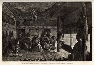 Egy tatár iskola Schusha-ban (Transkaukázia, Oroszország), a fiúkat a mullah tanítja, és kizárólag olvasásból és írásból, valamint a Korán verseinek kommentálásából áll. Metszet a Ca tartományokban való utazás illusztrálására alkotó: Unknown artist