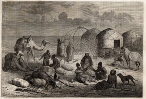 A turkoman tábor Turkesztán és Perzsia határvidékén található. Mindegyik sátor farácsból áll, és nemezzel borított, és egy családnak ad otthont. Metszet Henri de Blocqueville történetének illusztrálására „14 mois de captivite chez les turcomans” 1860 és alkotó: Unknown artist