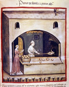 Egy pék fehér kenyeret és búzadarás kenyeret készít. Megvilágítás az orvostudomány és a dietetika fejéséből "" Tacuinum sanitatis"" alkotó: Unknown artist