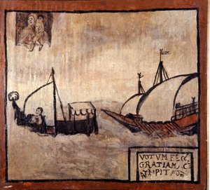 Egy barbar gálya üldözi a nápolyi halászok csónakját. Ex-voto a 17. századból. Madonna dell