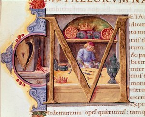 Egy kovács dolgozik a műhelyében. Idősebb Plinius (i.sz. 23-79) római író és természettudós kézírásos „természettörténete” 15. századi Velence Biblioteca Marciana alkotó: Unknown artist