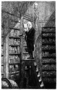 Egy blibliothecaire a létráján, aki a polcokon lévő könyveket vizsgálja. századi metszet alkotó: Unknown artist