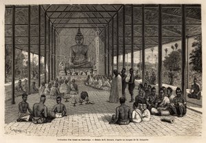 Bonze felszentelési szertartás egy templomban Angkor közelében, Kambodzsában. Francis Garnier, de Vaissseau hadnagy 1866-1868-as metszete az indokínai felfedezőút illusztrálására, megjelent a "" Le tour du monde"" 1870-1871-ben, szerkesztette: alkotó: Unknown artist