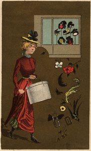 Burzsoá nő kalapdobozt cipelő, névtelen kromolitográfiával, 19. század vége. alkotó: Unknown artist