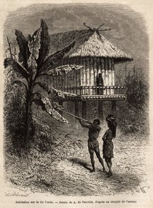 Néhány indián Rio Verde-ből (Brazília) a férfi a sarbacanjával, egy tipikus gólyalábas ház előtt. Dr. Saffray 1869-es metszete az új-granadai utazás szemléltetésére, megjelent a „Le tour du monde”” 1873-ban, szerkesztette Edouard Charton, e alkotó: Unknown artist