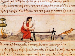 Elefántcsonttal dolgozó iparos. A szíriai Oppian (Oppian vagy Oppianus) (Kr. u. 3. század) miniatúrája a „Cynegetics” vadászszakmából, amelyet Caracallának szenteltek. 11. századi Velence. Biblioteca Marciana alkotó: Unknown artist