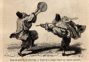 A Kami-kultusz konferensének tánca litániák és váratlan koreográfiai figurák felolvasásával. Aime Humbert, a Svájci Államszövetség minisztere 1863-1864-es metszete a japán utazás szemléltetésére, megjelent a „le tour du monde”-ban. alkotó: Unknown artist