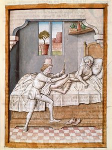 Egy orvos miniatűr beteget kezel Bidpai „Kalila (Calila) és Dimna” meséinek német fordításából. (ms. 1389, fol. 23) 1480 körül Chantilly, Museum Conde alkotó: Unknown artist