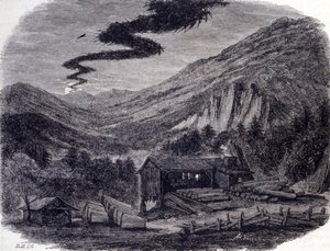 Fantasztikus vadászat (légi vagy vad) vagy Menee (Menee Hellequin) vagy Mesnie a Vogézekben, egy éjszakai vihar, amely a népszerű legendák szerint egy átok vagy boszorkányszombat után nyilvánul meg. századi metszet alkotó: Unknown artist