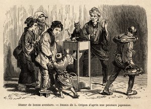 Jósnő Edo (ma Tokió) utcáin. Aime Humbert, a Svájci Államszövetség minisztere 1863-1864-es metszete a japán utazás szemléltetésére, megjelent a „le tour du monde”-ban, Edouard Charton, Hachette, Pari irányításával. alkotó: Unknown artist