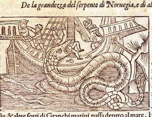 Egy óriási tengeri kígyó megtámad egy hajót, és megveri a legénységet. Olaus Magnus (1490 - 1557) svéd vallás- és földrajztudós metszete, „Historia de Gentis Septentrionalibus”, Velence alkotó: Unknown artist
