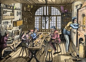 Ötvösműhely - Kézműves: Etienne Delaune (1518-1583), ötvös, francia nyomdász műhelyének képe. Metszet egy 1576-os eredeti után. Etienne Delaulne párizsi ötvös műhelye alkotó: Unknown artist
