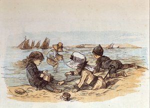 Egy csapat gyerek játszik a víz mellett a homokon. 1881 alkotó: Unknown artist