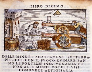 Egy tüzér, aki fegyvert tölt robbanóanyaggal. Vannoccio Biringuccio (1480-1539) „De la Pyrotechnia” (vagy Pirotechnia) kohászati fejésből készült metszete, 1550. alkotó: Unknown artist