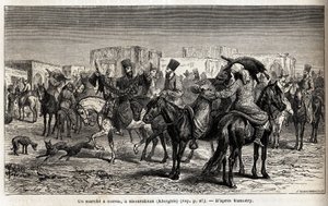 Lovas séta Shurakhanban (Kirgizisztán vagy Kirgizisztán). Emile Bayard (1837-1891) rajza, Arminius Vambery (dervisbe öltözött magyar tudós álruhája) 1863-as közép-ázsiai utazásának illusztrálására. Gravírozás az Edou által szerkesztett „” Le tour du monde” alkotó: Unknown artist