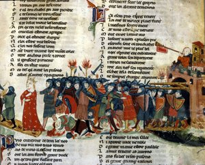Egy király fogságba esik és elviszik az ellenséges seregtől, miközben a csata áldozatai a földön hevernek. A „Roman de Troy” miniatúrája, Benoit de Saint Maure. 14. századi Biblioteca Marciana, Velence alkotó: Unknown artist