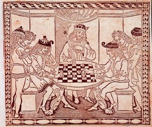 Király sakkjátszmát néz Xilográfia Jacopo de Cessoles „De Ludo Scorcorum” című művének előlapjáról (14. század) Velence Biblioteca Marciana alkotó: Unknown artist