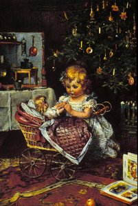 Egy kislány felfedezi a babát és a babakocsit a karácsonyfa alatt. 19. század alkotó: Unknown artist