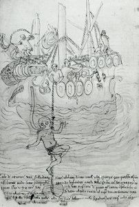Egy férfi maszkkal próbálja megjavítani egy csónak törzsét. alkotó: Unknown artist