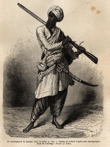 Egy hegymászó Hazarából (Punjab, India). Metszet a panddzsábi és kasmíri utazás szemléltetésére, Guillaume Lejean története 1866-ban, amelyet a „Le tour du monde, nouveau Journal des voyages” jelent meg Edouard Charton irányítása alatt. alkotó: Unknown artist