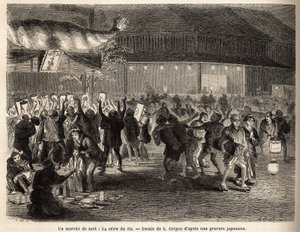 Éjszakai séta Edóban (Tokió), a rizsárverés, a szüret őrzőinek eladása, ami zűrzavaros összejövetelt teremt az épület előtt, amelyet egy hatalmas fonott szalmából készült fáklya vesz körül, arany betűkkel és a kabáttal. a gyűjtő karja. alkotó: Unknown artist