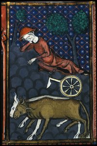 Pihenő paraszt, mellette ökrök és 14. századi miniatűr eke. alkotó: Unknown artist