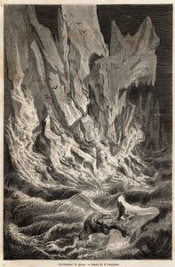 Egy jegesmedve a jéghegyről származik, miután összeomlott egy jégtömb a Spitzbergből, a Jeges-tenger szigetcsoportjából. V. Foulquier rajza a Spitzberget 1838-1839-ben illusztrálja, Charles Martins. Metszet a „” Le tour du monde”-ban”, szerkesztette alkotó: Unknown artist