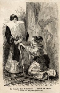 Egy szamuráj vécéje, egy fiatal szobalány segít neki megkötni a kimonóját. Aime Humbert, a Svájci Államszövetség minisztere által az 1863-1864-es japán utazást illusztráló metszet a „Le tour du monde, nouveau Journal des voyages” című folyóiratban, amely i alkotó: Unknown artist