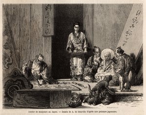 Szobrászműhely Yedóban (vagy Edóban, a mai Tokióban), gránitmetszéssel oszlopok, szobrocskák, kandeláberek és sírkövek gyártásához, valamint fafaragás, oltártáblák, dekoratív fatárgyak, koporsók és kimérafigurák gyártásához alkotó: Unknown artist
