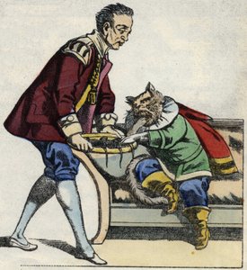 Egy szolga kiszolgálja a macskát egértálcával. Illusztráció Charles Perrault „The cat botte” című meséjéről alkotó: Unknown artist
