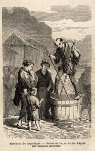 Egy kagylókereskedő az utca közepén egyensúlyozva emelkedik fel az áruit tartalmazó hordón, amelyet két hosszú pálcikával vonszol. Aime Humbert, a Svájci Államszövetség miniszterének 1863-1864-es japán utazását illusztráló metszet az „L. alkotó: Unknown artist