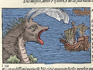 Egy sperma bálna (?) (fizéter) megtámad egy hajót. Olaus Magnus (1490 - 1557) svéd vallás- és földrajztudós metszete, „Historia de Gentis Septentrionalibus”, Velence alkotó: Unknown artist