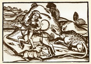 Egy utazó találkozik két szörnyeteg tigrissel, akik a bazilikára hasonlítanak. Esope meséi (metszet, XV. század vége) alkotó: Unknown artist