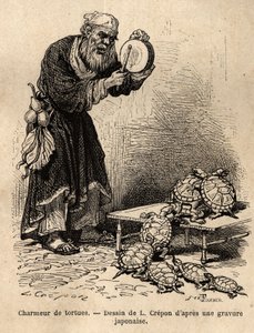 Teknősbűvölő, a koldusok és a tündérsarlatánok köztes lekvárjába tartozik. Aime Humbert, a Svájci Államszövetség minisztere 1863–1864-es metszete a japán utazás szemléltetésére, megjelent a „le tour du monde”-ban, a közvetlen cím alatt. alkotó: Unknown artist