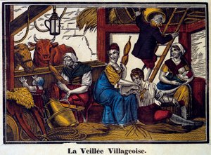 Falusi éjszakai élet: parasztcsalád egy pajtában. századi metszet. Paris, B.N. alkotó: Unknown artist