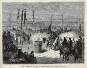 Mandans indiánok (vagy noumah ka kie: fácánok) faluja Missouri bal partján, 600 liga távolságra Saint Louis városától. Metszet a kolumbiai és felső-missouri medencék indián törzsei közötti kirándulás szemléltetésére, G. Catlintől, 1. alkotó: Unknown artist