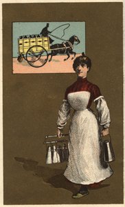 Sétáló tejkereskedő (szállító vagy tejüzem). Névtelen kromolitográfia, 19. század vége. alkotó: Unknown artist