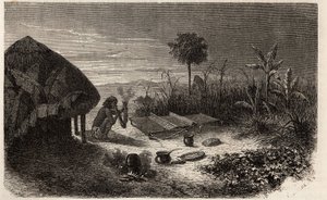 Egy takács és takácsa, a Zambeze folyó partján. Metszet Dr. Livingstone első dél-afrikai útjainak illusztrálására 1840 és 1856 között, az Edouard Charton irányítása alatt megjelent „Le tour du monde, nouveau Journal des voyages” c. alkotó: Unknown artist