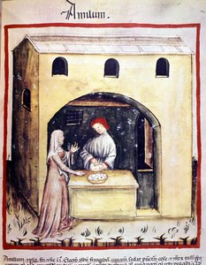 Egy fiatal nő tojást vásárol egy kereskedőtől. Megvilágítás az orvostudomány és a dietetika fejéséből "" Tacuinum sanitatis"" alkotó: Unknown artist