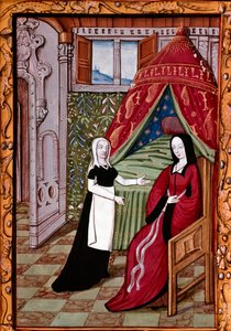 Egy fiatal nő valószínűleg Louise Laval (meghalt 1480-ban) a hálószobájában miniatűr szolgájával, akit a "" Histoire de Jean III de Brush et de sa femme Louise de Laval"-ból vettek át" (ms. 1475, fol. 10r) Chantilly, musee Conde alkotó: Unknown artist