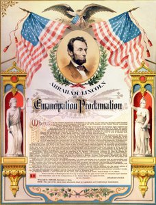 Abraham Lincoln és kiáltványa a rabszolgák (zászlók és sas) felszabadításáról. 1862.09.22. alkotó: Unknown artist