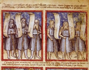 Ádám genealógiáját Seth, Énok (Énok vagy Énós), Kenan, Mahalalel (Mahalalel) és Jared (vagy Járed), a Miniatűr Biblia nagy pátriárkái követik. alkotó: Unknown artist