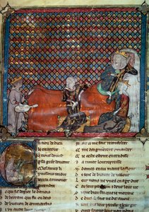 Adenet le Roi (körülbelül 1240-1300 körül), költő és menestrel, Cleomades regényét szavalja Mathilde de Brabant (1224-1288) és Blanche kasztíliai hercegnő (Szent Lajos lánya) előtt. Miniatűr francia költészeti gyűjteményből alkotó: Unknown artist